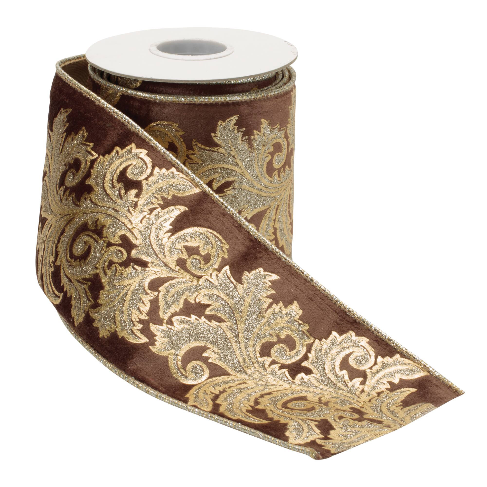 4" x 5yd. Embroidered Damask Wired Ribbon